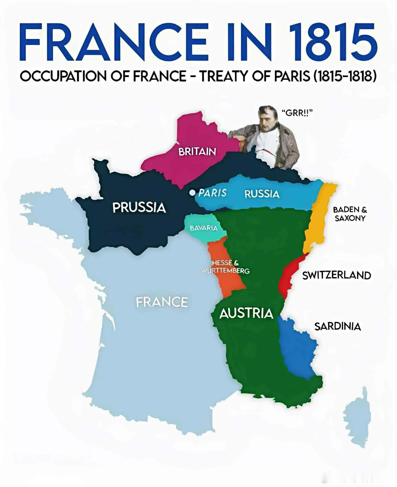 1815年拿破仑战败退位，各国分区占领法国的情况。FW