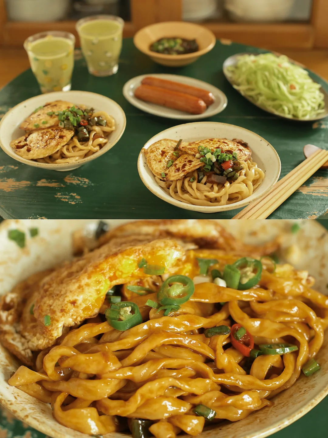 朴素美味的葱油鲜椒荷包蛋拌面。