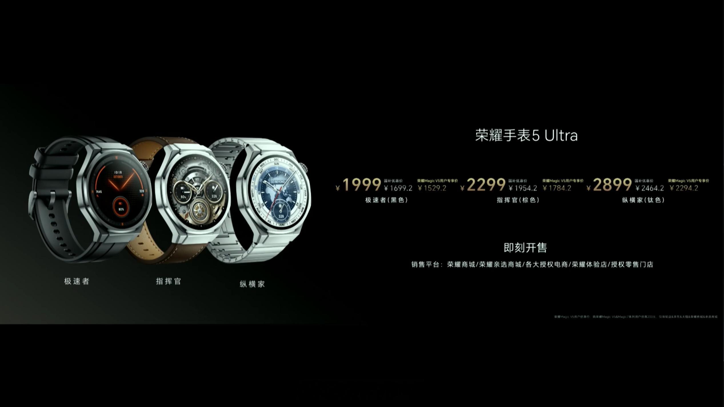 荣耀Watch5Ultra发布，共三个版本：极速者：黑色氟橡胶表带，售价