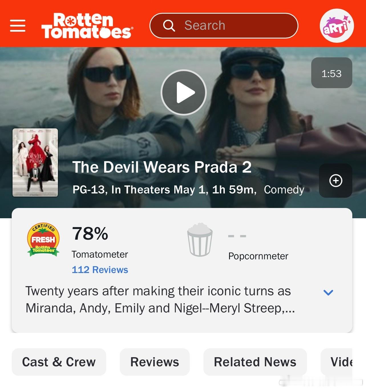 今天在内地上映的《穿普拉达的女王2》烂番茄新鲜度开分78%，MTC评分61本片制