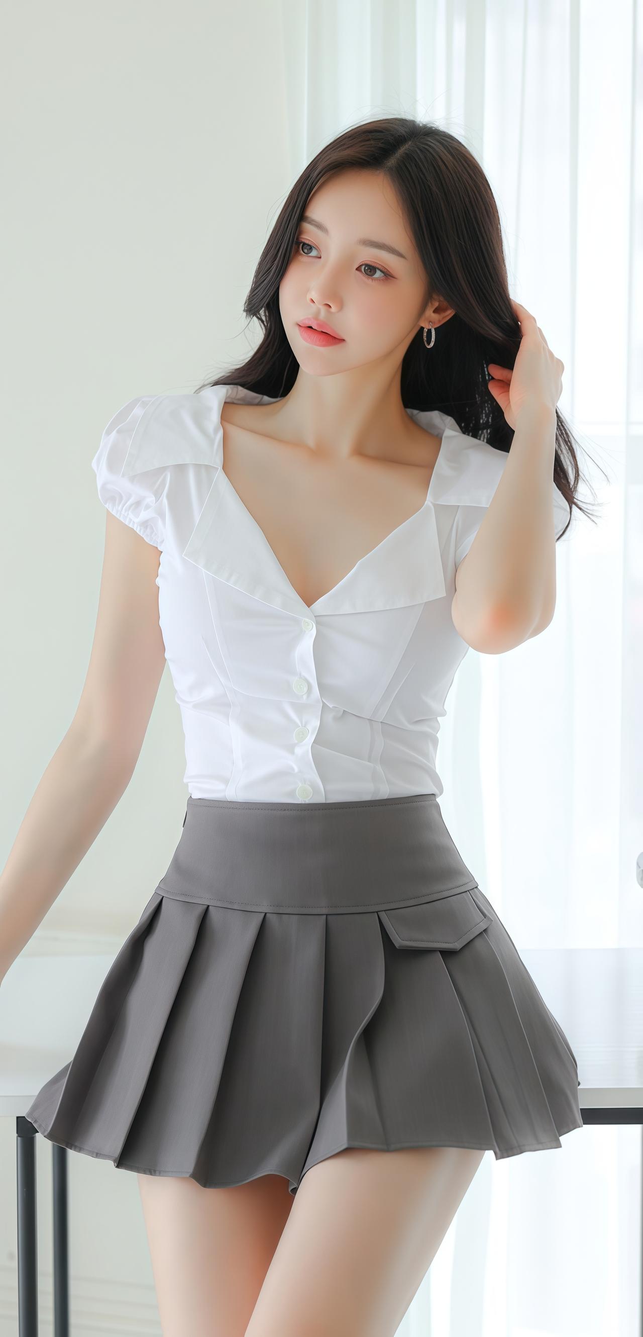 孙允珠清新甜美风，白色衬衫搭配灰色百褶裙，少女感十足！