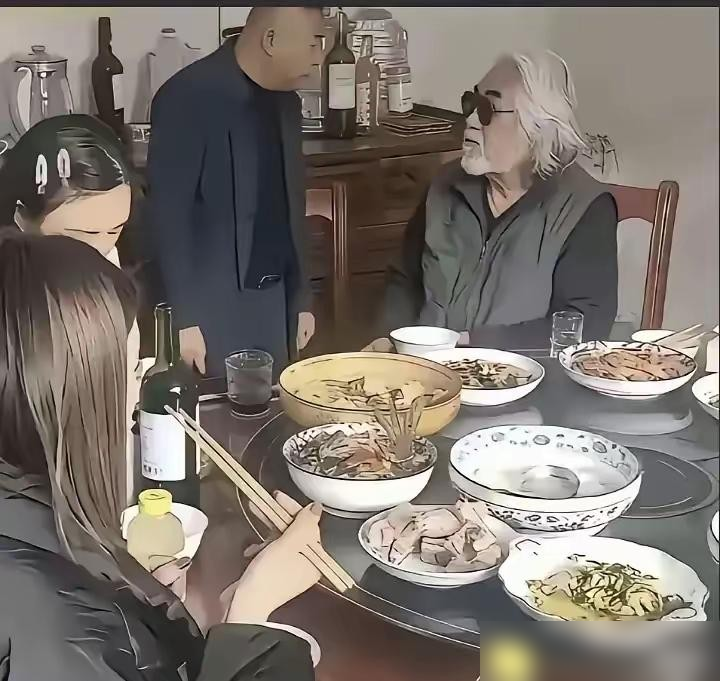 74岁的老丈人站着端茶，74岁的女婿戴着墨镜坐着喝。家宴上这一幕，直接把辈分整乱了。张纪中比岳父还大