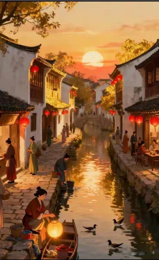 上联：溪边晚霞融烟火，下联：江南夜景人享乐。这下联描绘出江南夜色里人们享受欢乐