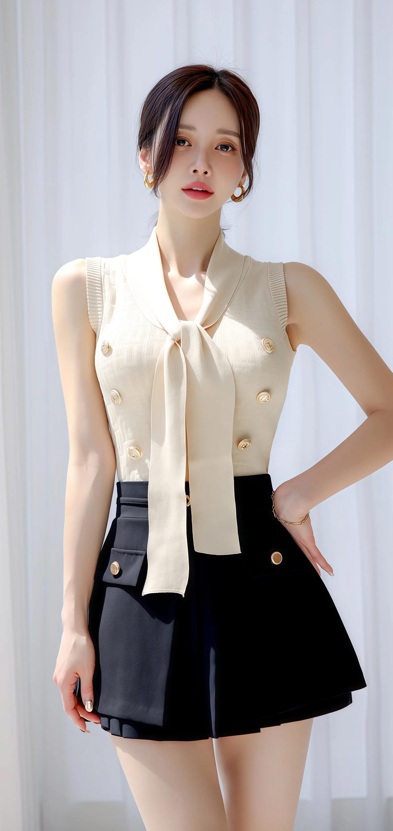 甜美优雅的夏日穿搭，浅色系无袖上衣搭配黑色短裙，尽显青春活力！