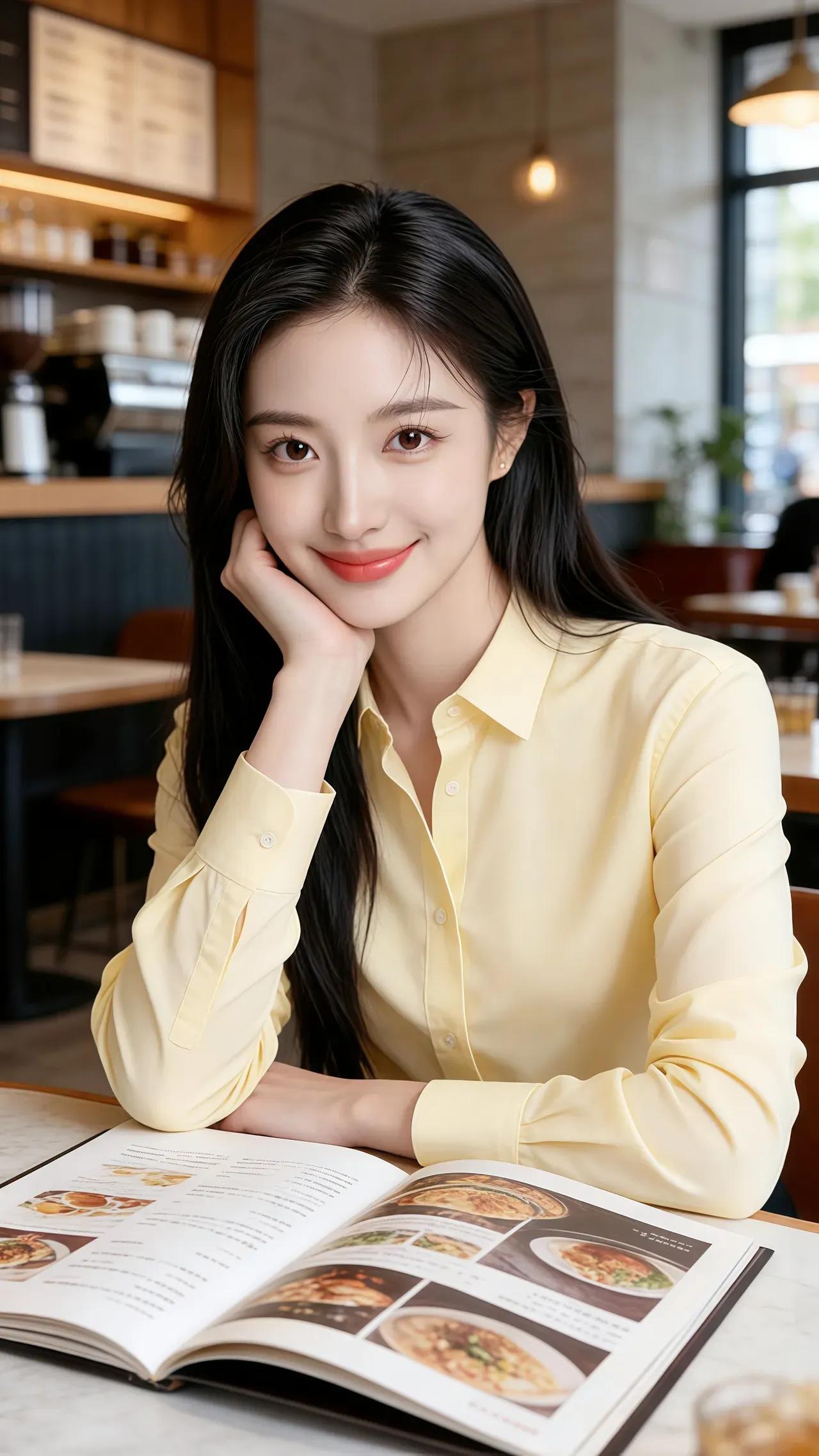 在咖啡馆里，她微笑着翻阅菜单，享受美好时光。📚🍴😊