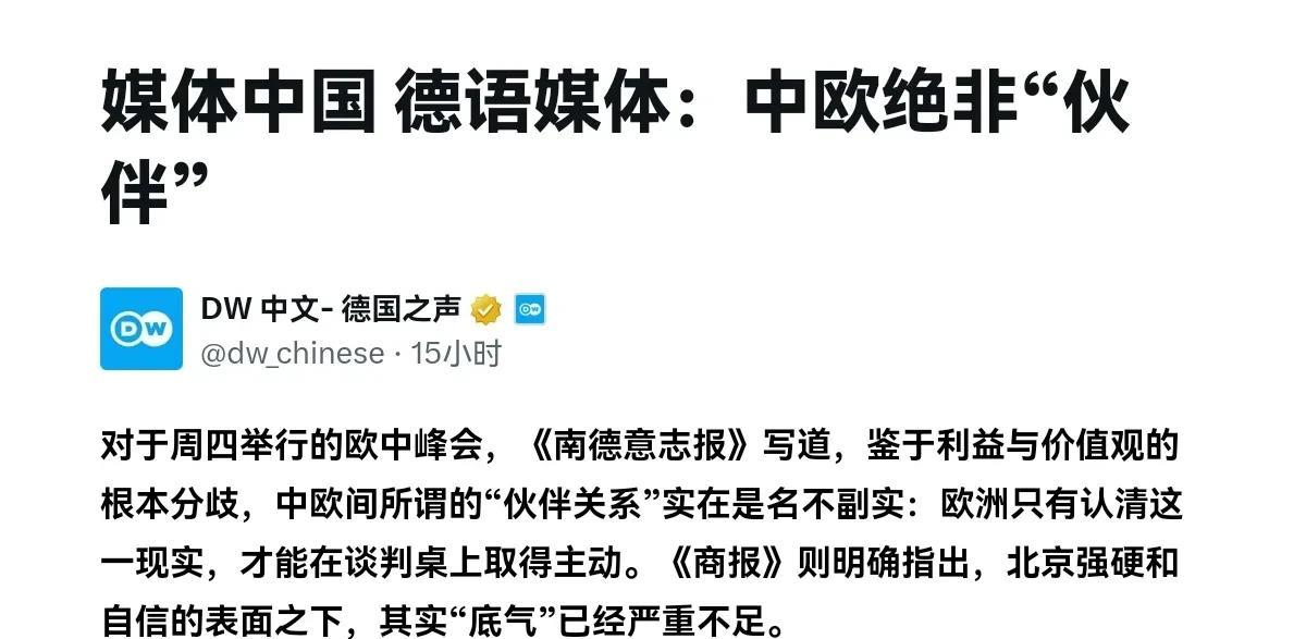 在中欧峰会之后！德媒刊文声称，中欧间所谓的“伙伴关系”实在是名不副实，欧洲要认清