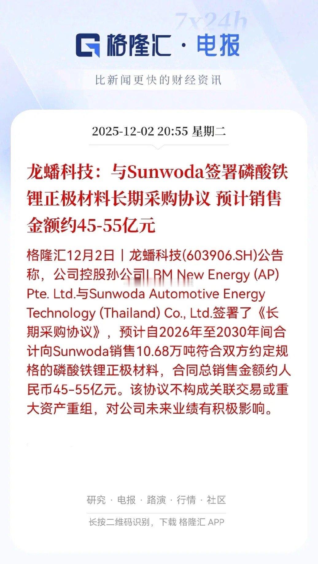 龙蟠科技这次大单签得漂亮！与泰国Sunwoda签署了5年期磷酸铁锂正极材料采购协