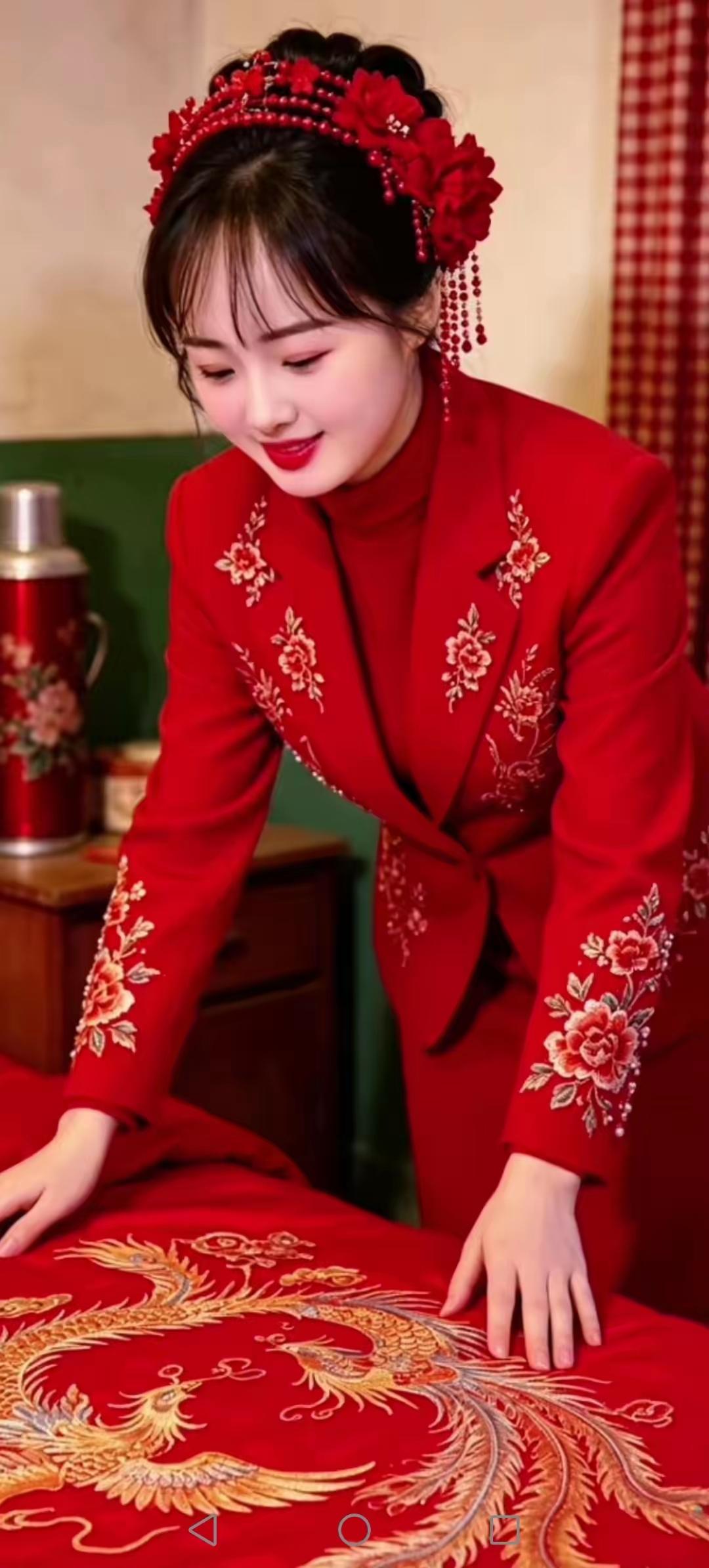 身穿一色红，新婚喜气浓。满面带着笑，幸福伴生平。
