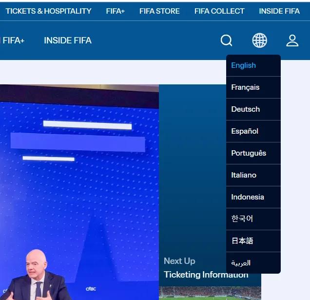 国际足联主站语言选项：1. 英语（English）2. 法语（Françai
