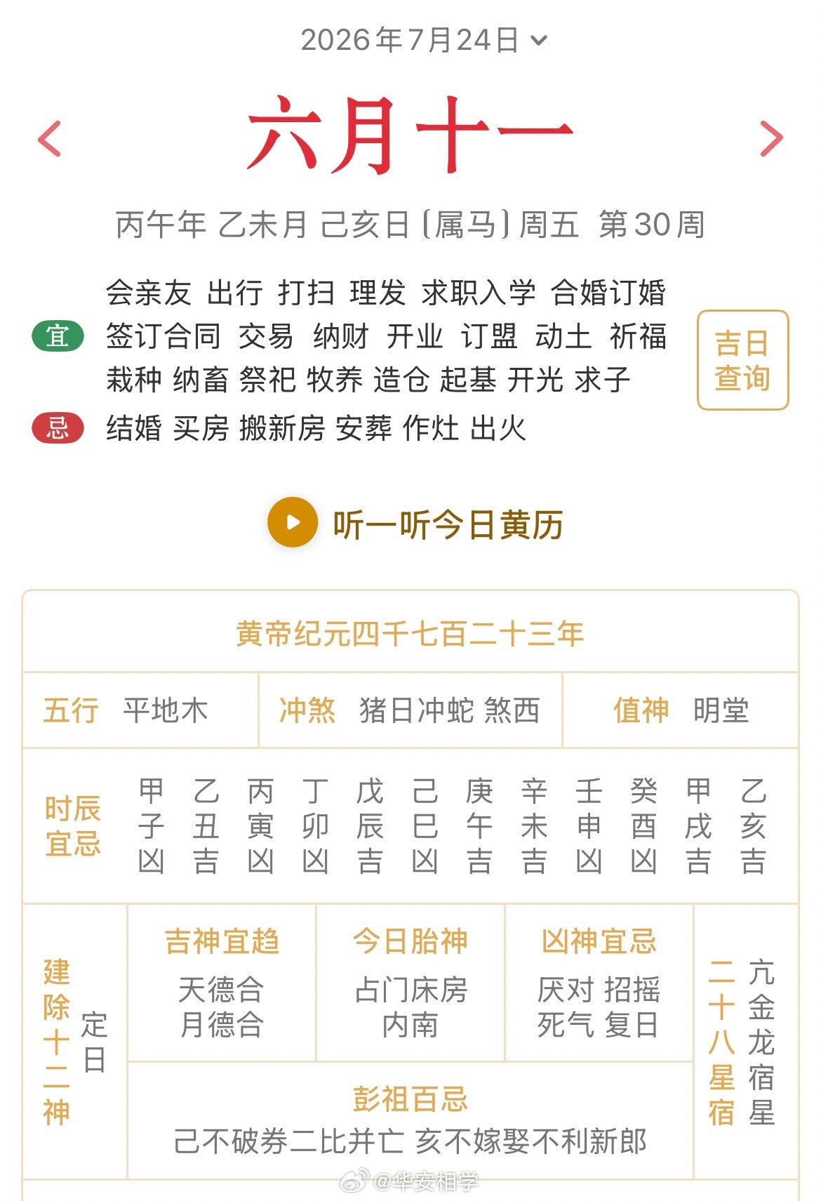十二生肖每日简运仅供参考2026.7.24丙午年乙未月己亥日己亥天克地冲癸巳：