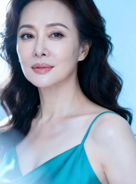 她的大波浪卷发蓬松有光泽衬得脸庞愈发精致眉眼间透着温婉大气，唇色莹润，身着湖