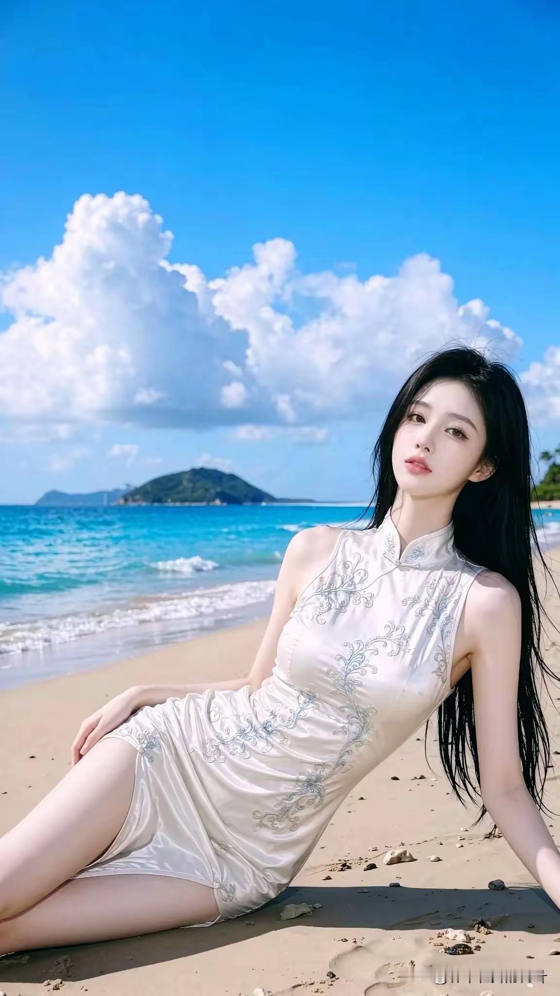一位美女在海滩上晒太阳。