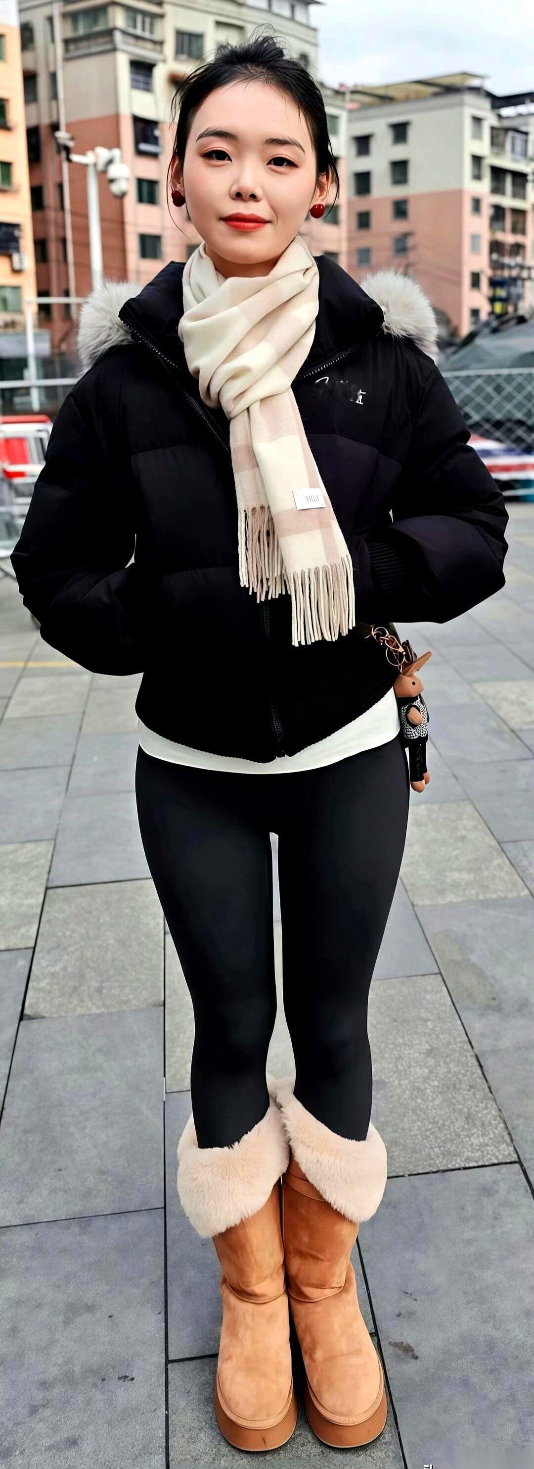 冬天的大街上，最怕穿成一个移动的黑色垃圾袋。羽绒服一裹，紧身裤一套，完事。保暖