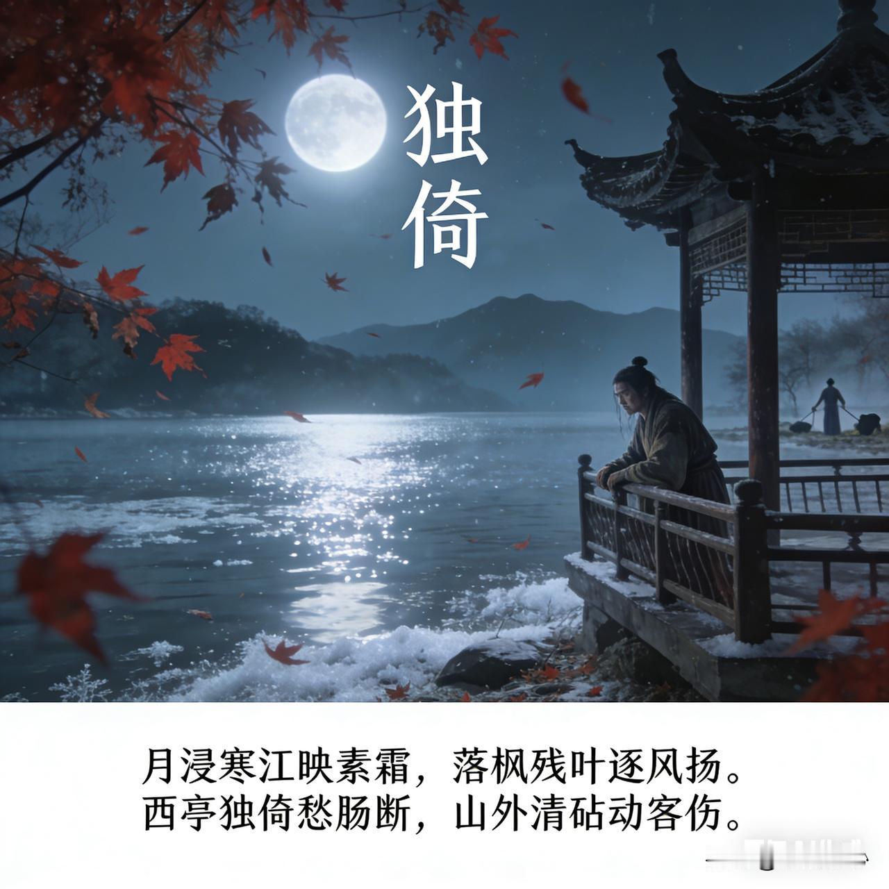 《独倚》乐韵诗心原创诗词:月浸寒江映素霜，落枫残叶逐风扬。西亭独倚愁肠断，
