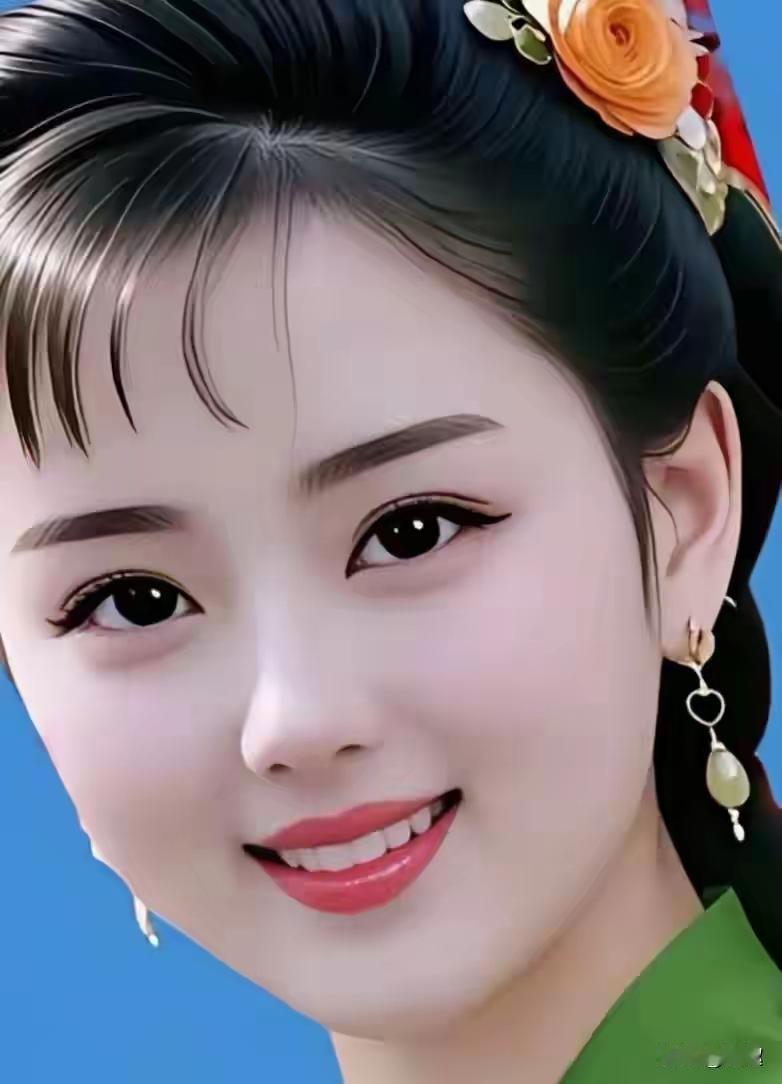 惊艳的古典美女，红唇微笑，头戴花饰，优雅动人。