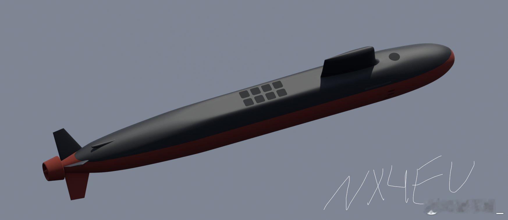 外网的095想象图，猜测其长110米，宽12.5米。围壳长15米，距