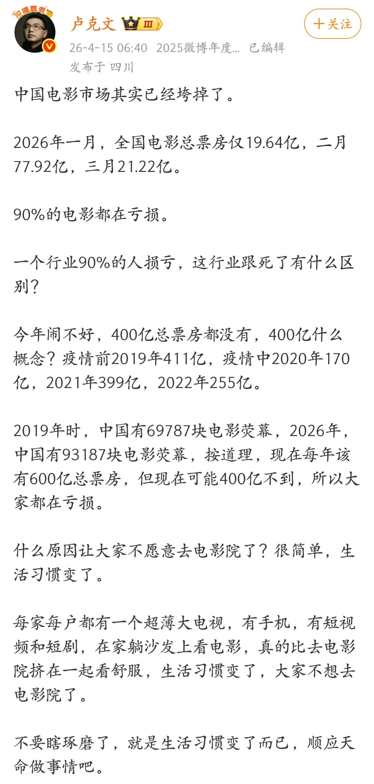 卢克文：中国电影市场其实已经垮掉了。