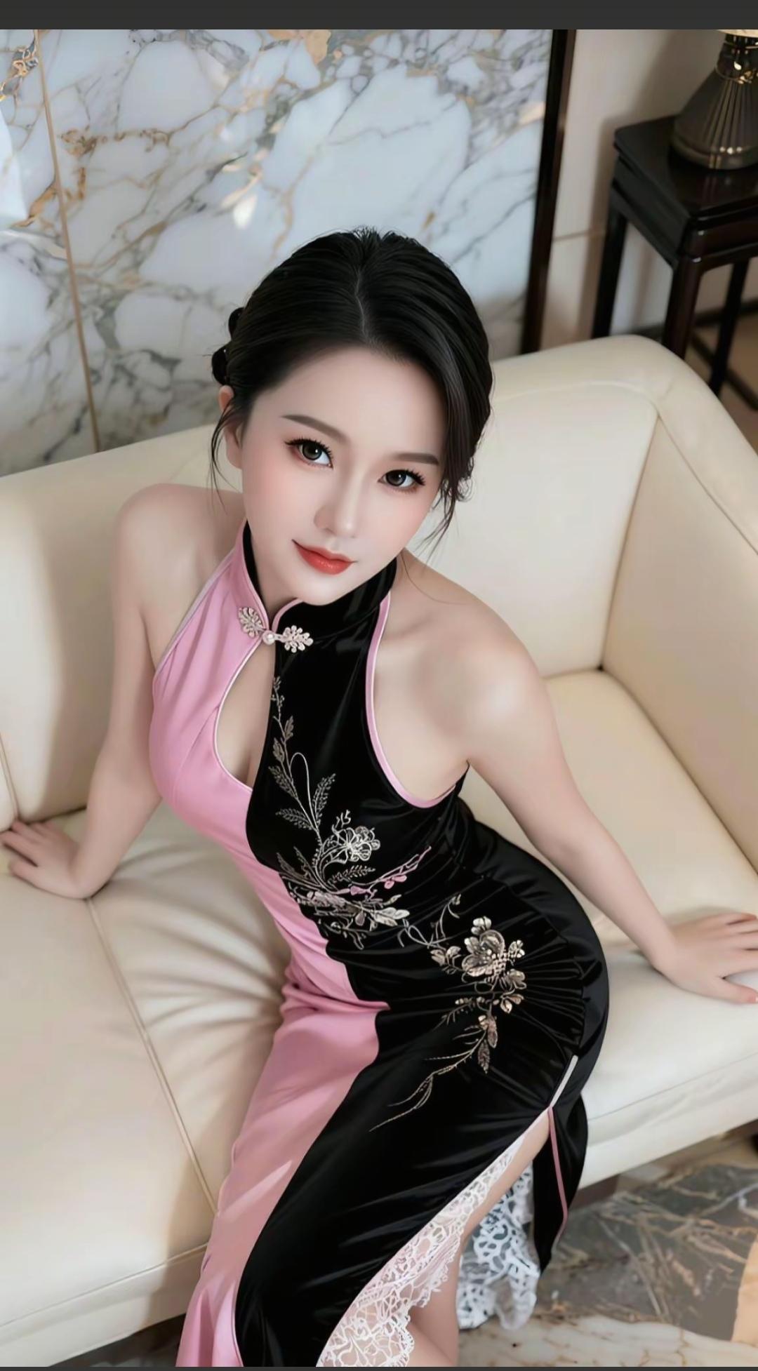 优雅黑粉撞色旗袍，尽显东方女性魅力！