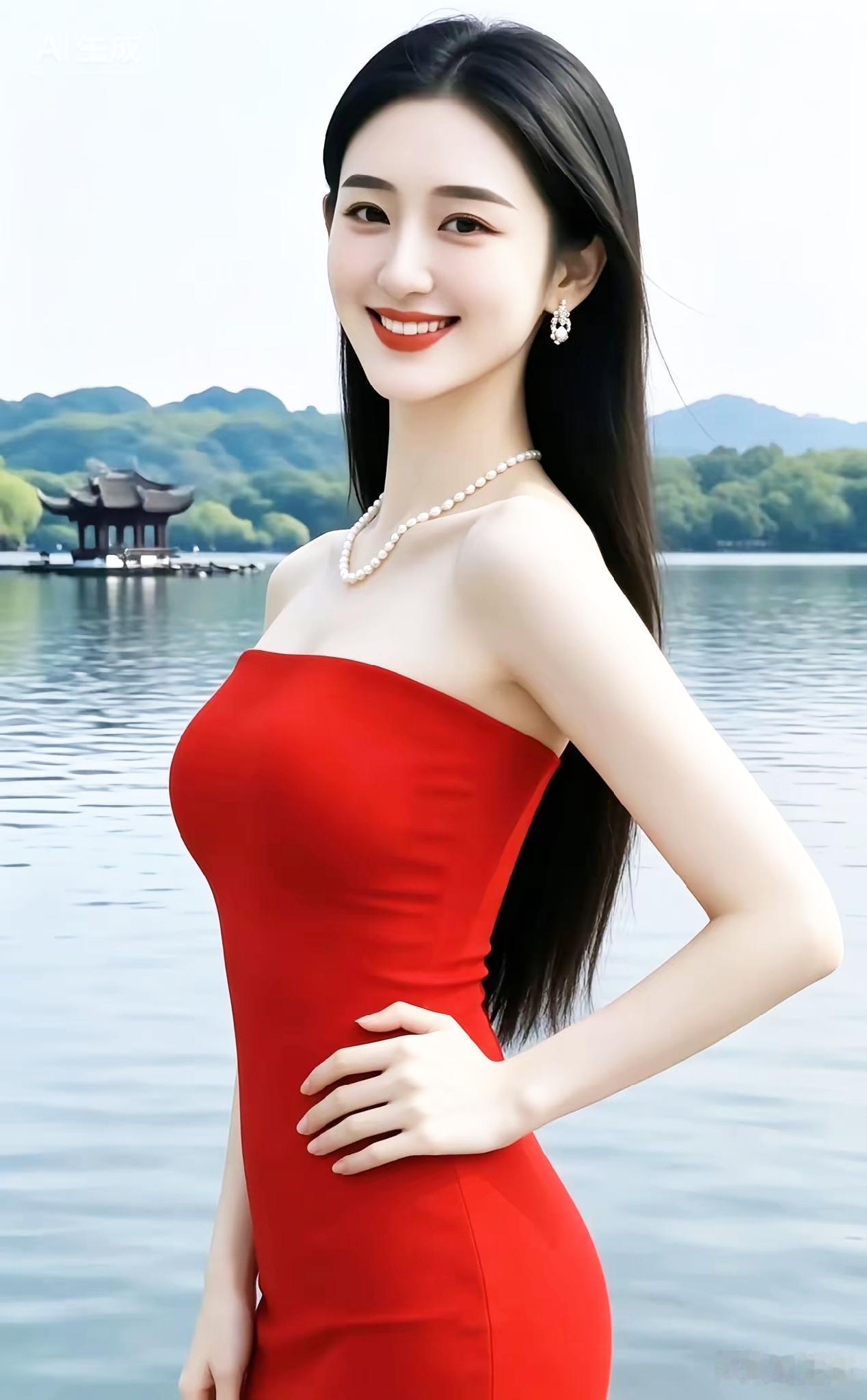 穿红裙的姑娘站在湖边微笑。