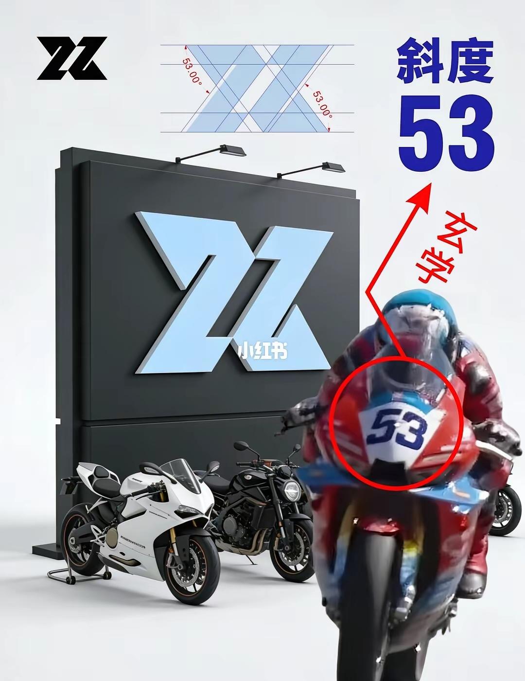 张雪”设计“ZX”标志时，试了好多角度，最后发现只有53度斜着才最顺眼。结果前两