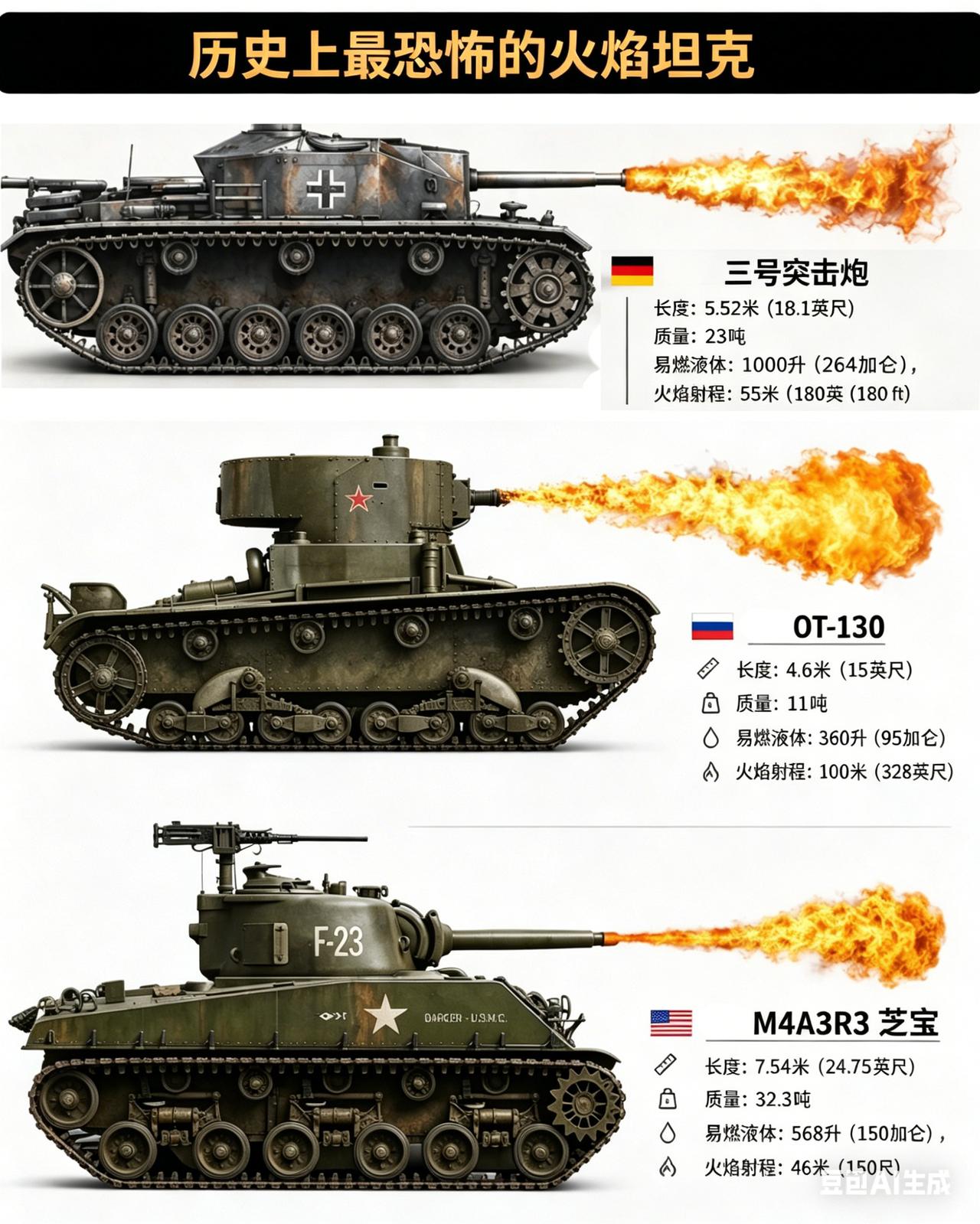 一张图看懂德、苏、美三国的经典火焰坦克，每一台都是当年让步兵闻风丧胆的“移动地狱