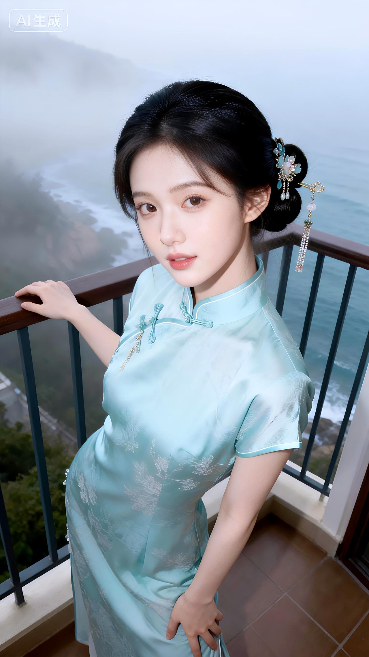 雾锁楼台凭栏处，天青一抹入画图。豆包写真壁纸