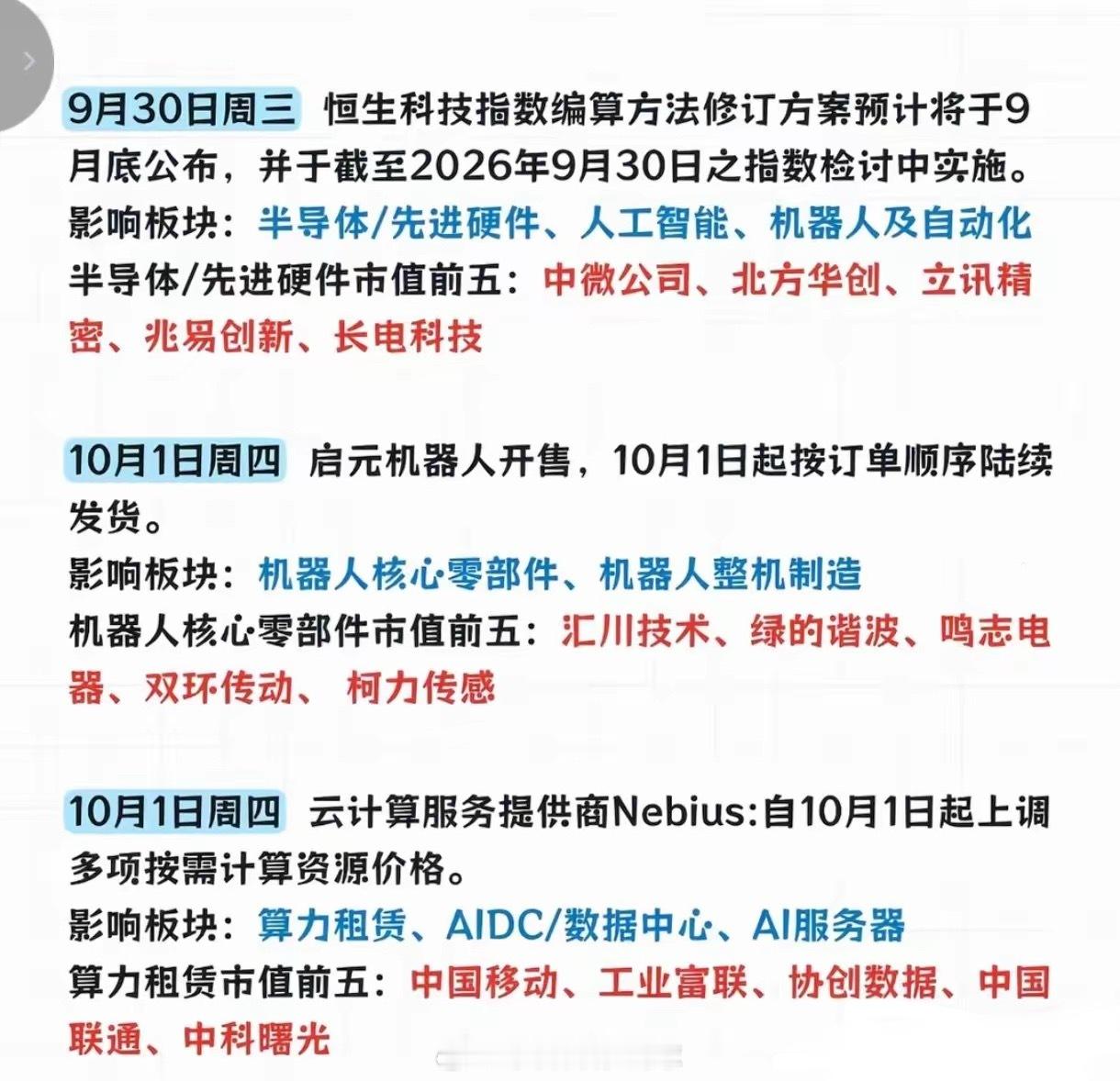 下周炒什么？马上A股将迎来节前最后一周的交易，从9月27日至10月3日，多个行业