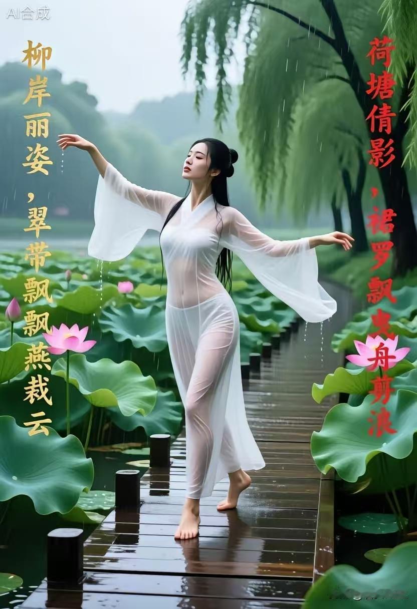 荷岸佳人荷塘倩影罗裙曳，柳岸芳姿翠带轻。舟破碧波裁细浪，燕穿云絮画新晴。