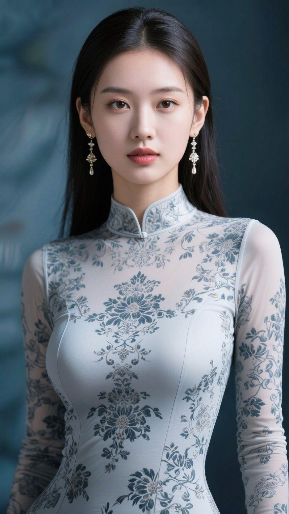 浅蓝旗袍凝雅致墨蓝的背景晕着朦胧光泽，衬得这件浅蓝旗袍愈发温润。青花似的暗