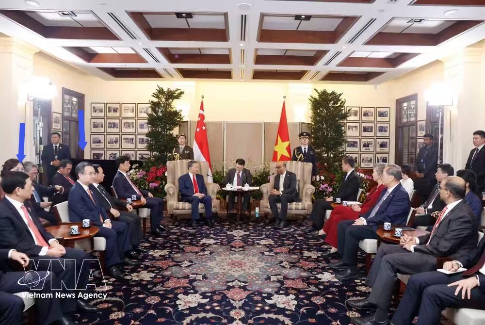 苏林与新加坡总统尚达曼正在新加坡总统府的会客厅内举行双边会见！从现场可以看到越南