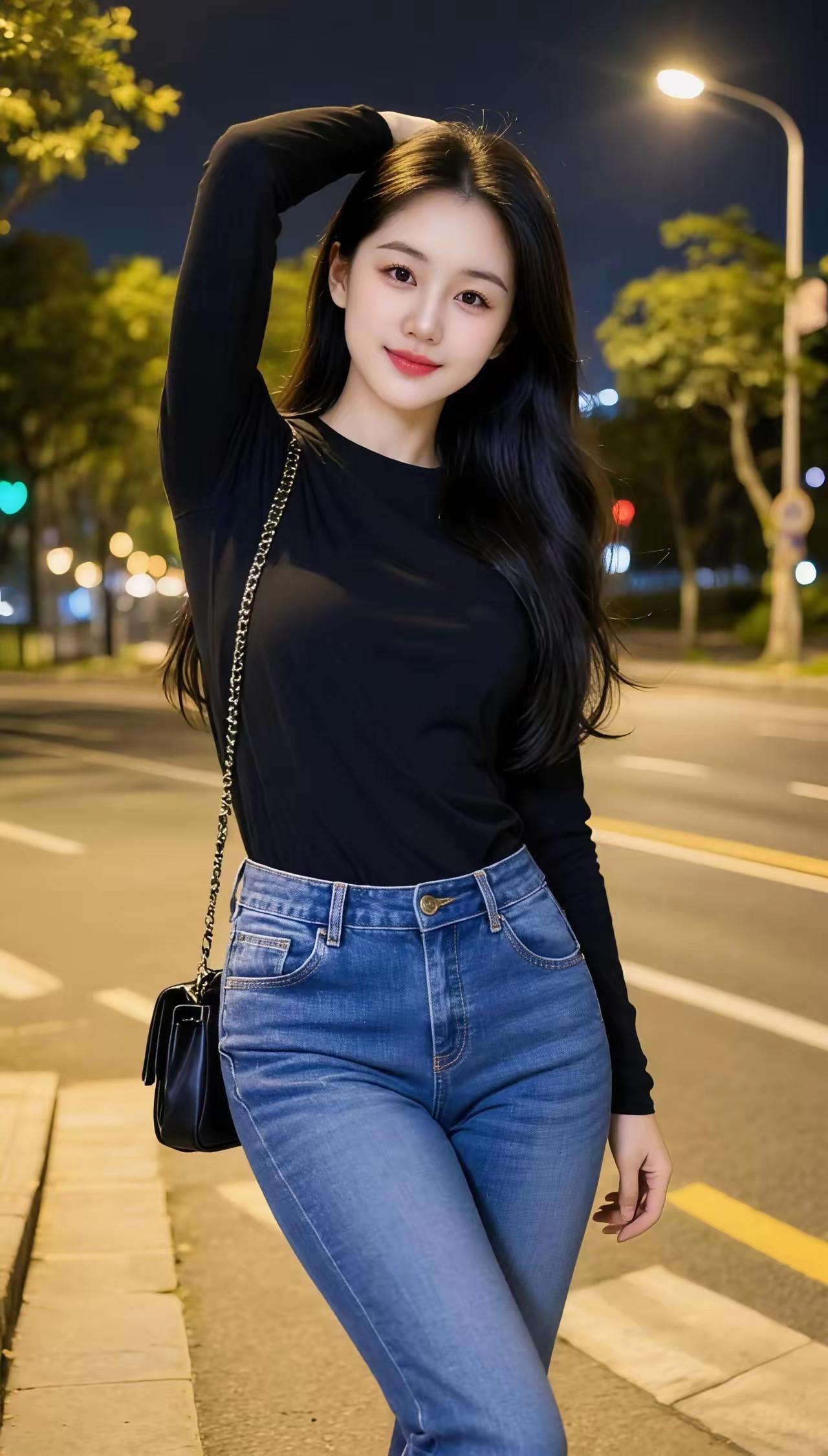 夜晚街拍，黑衣少女，微笑动人