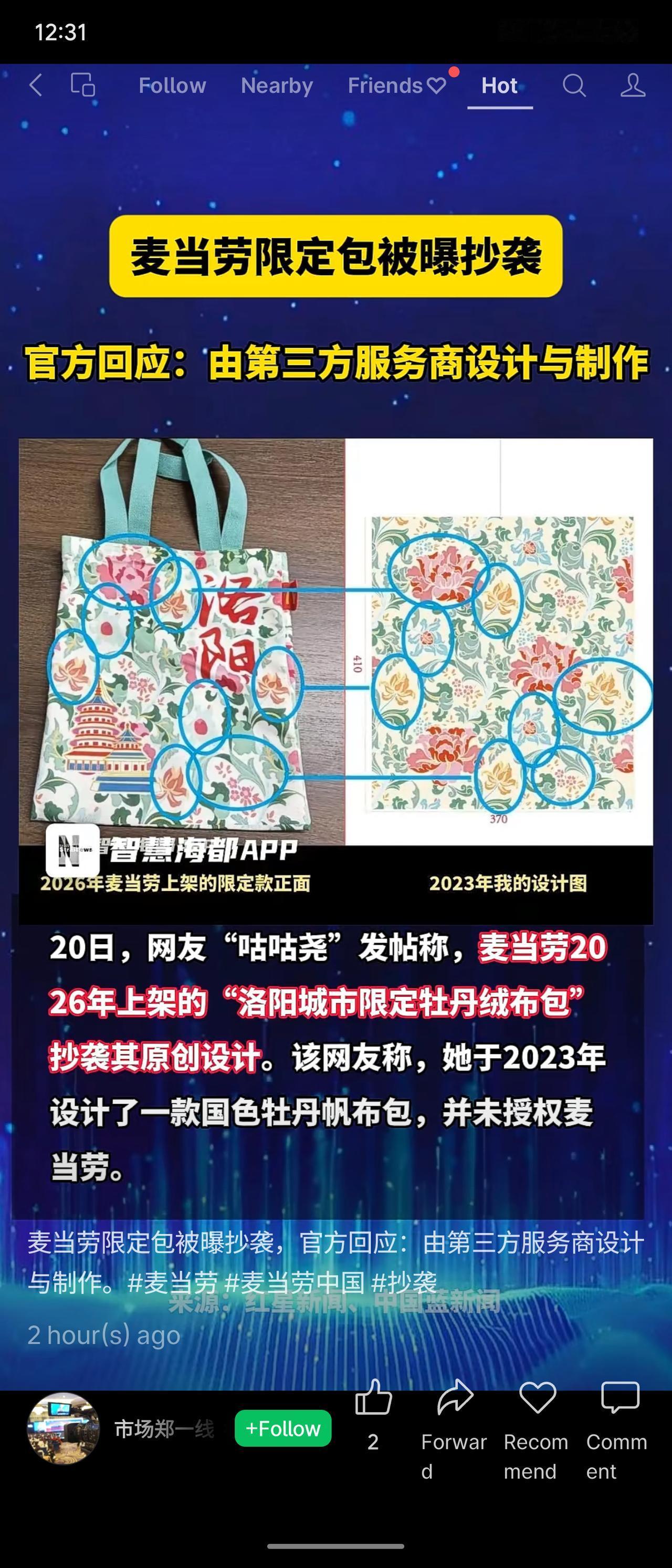 麦当劳推出的洛阳限定牡丹绒布包被网友“咕咕笼”指控抄袭其2023年的原创设计。网