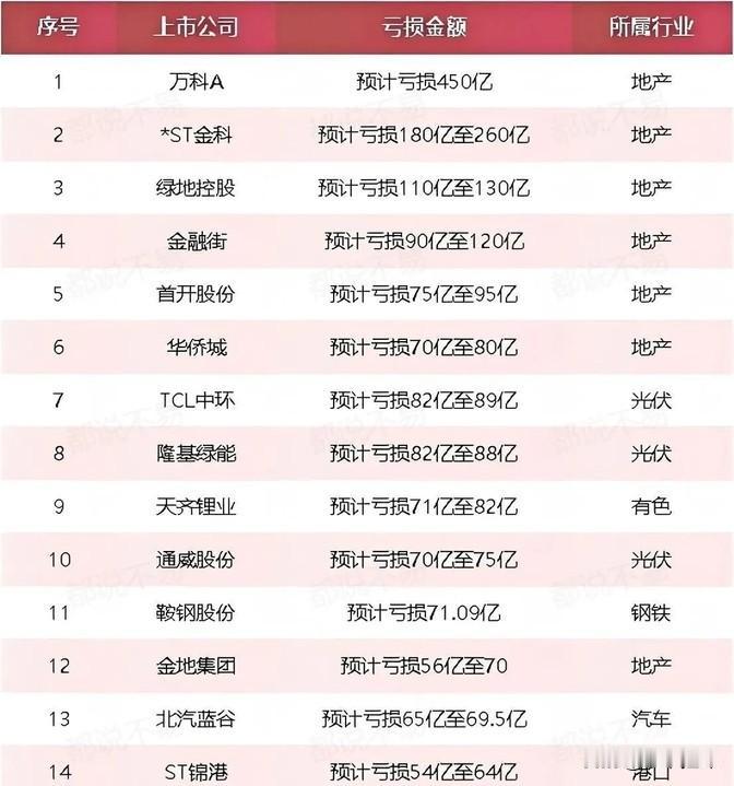 看看这份2024年亏钱最多的15家上市公司榜单吧，这些都是根据那些已经公布了业绩