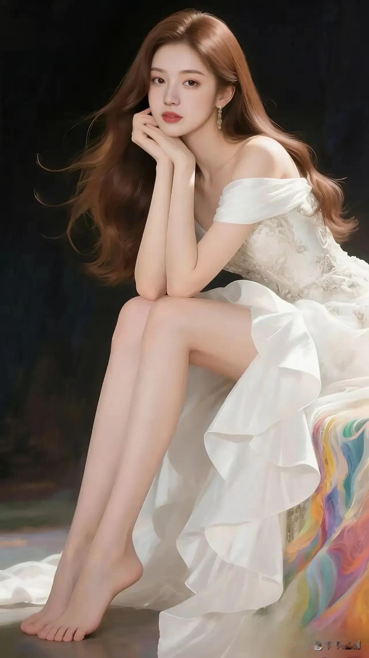 世上什么笑容最迷人?白裙似云舒展，蓬松的裙摆漫过斑斓的底色。她托腮静坐，发丝随