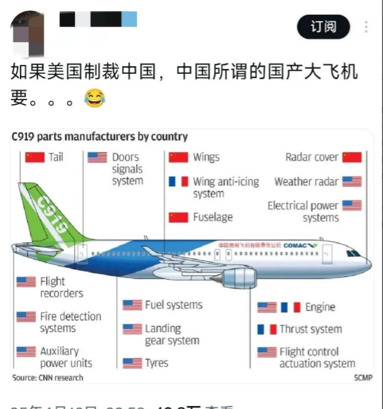 中方拒绝波音后，一位海外人士指出，如果美国制裁中国，中国所谓的国产大飞机根本造不