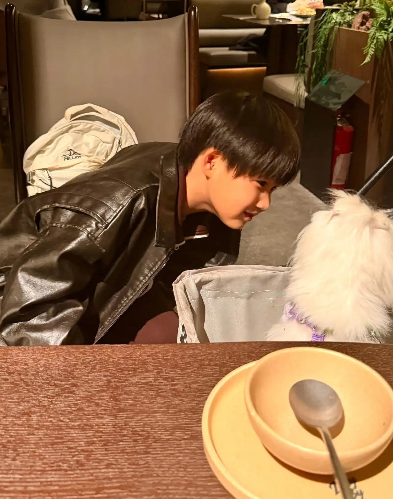 苏醒老婆廖语辰晒出和儿子吃甜品，这孩子侧颜好帅啊，很像他爸爸！小家伙还穿着皮衣，