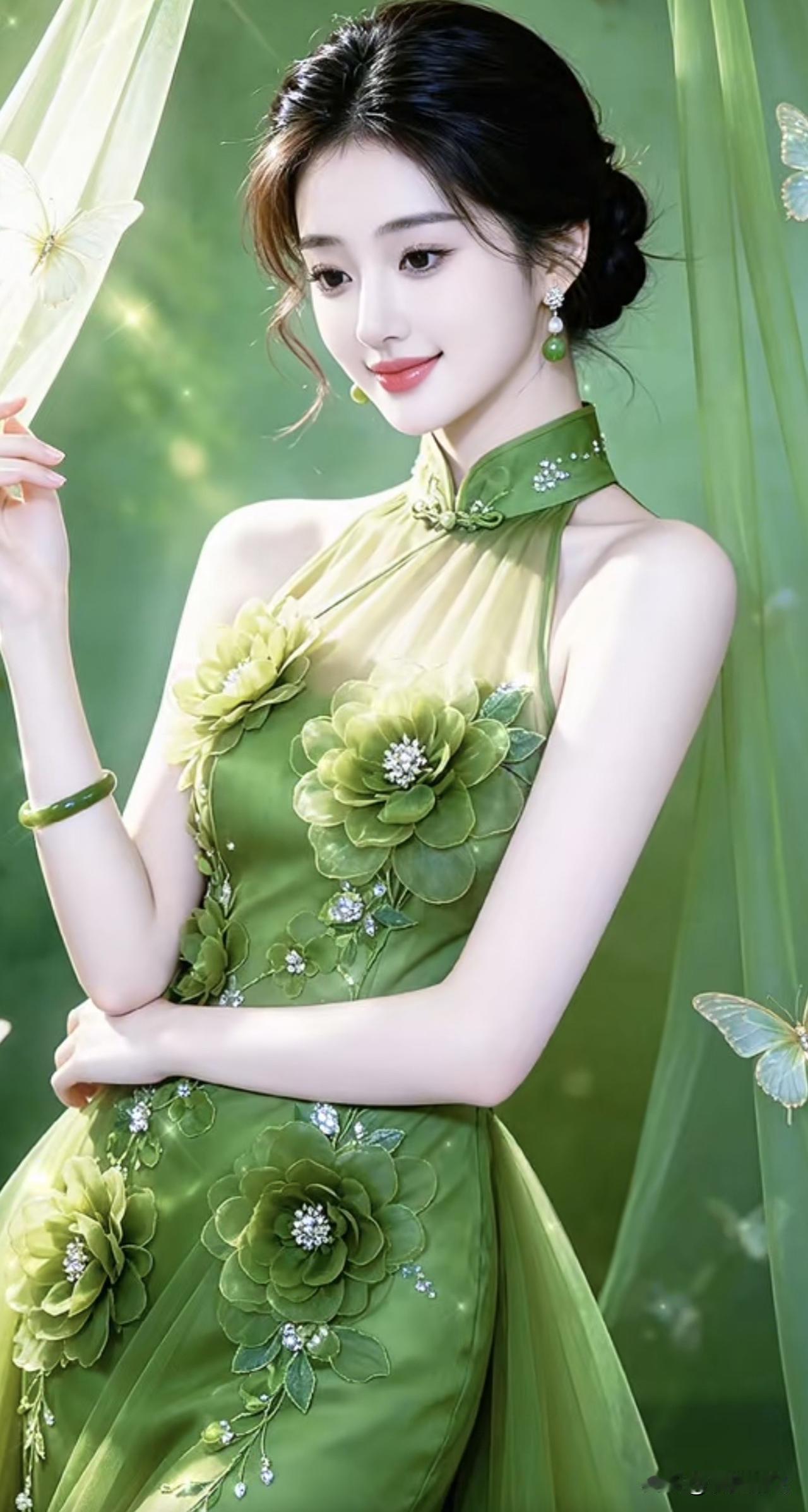 清新脱俗的绿色礼服，宛如春日里的花仙子。气质绿裙绿色纱裙穿搭绿色刺绣长裙绿