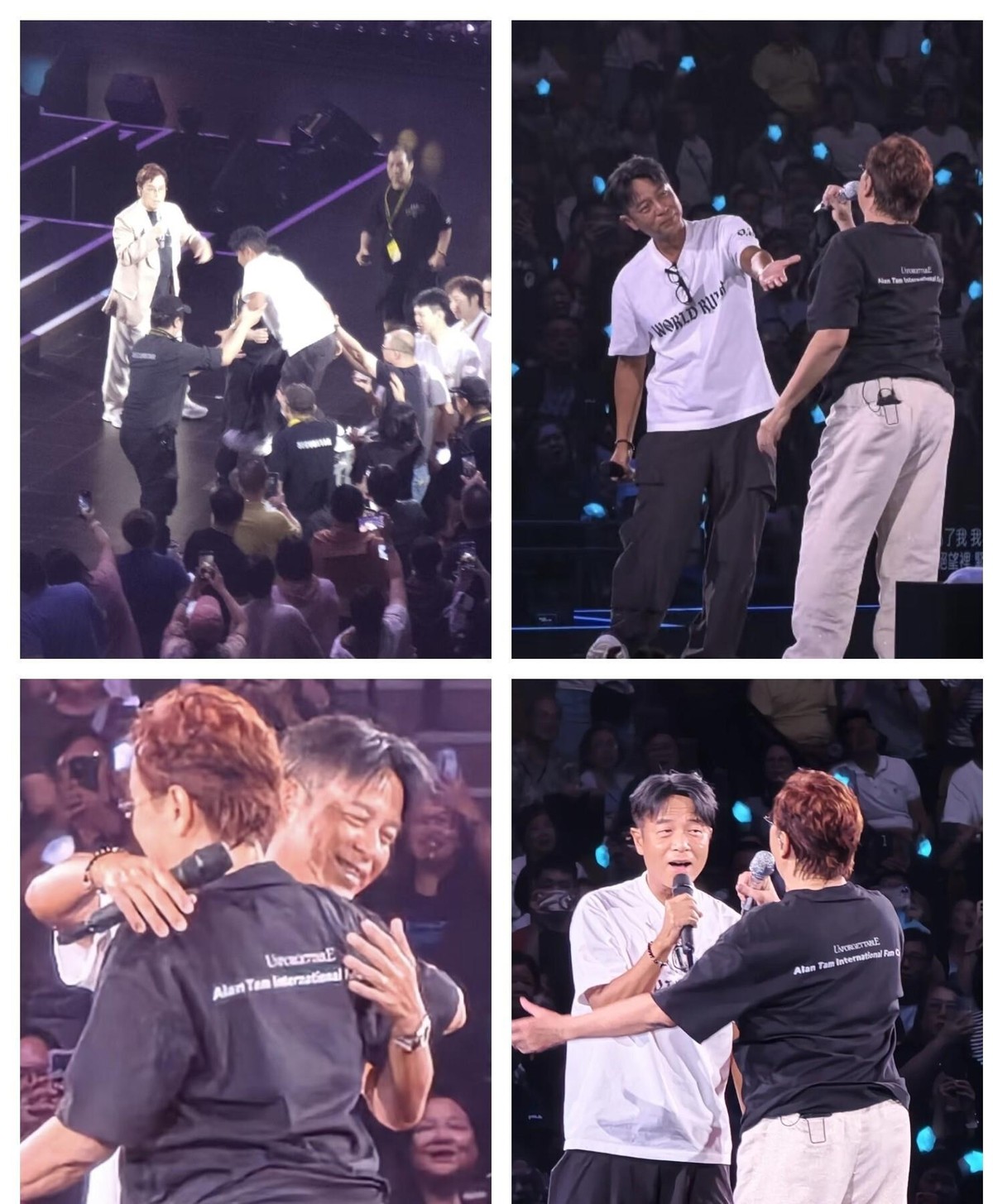 76岁谭咏麟演唱会随手一点，没彩排没对词，直接把观众席的李克勤拽上台合唱《朋友》。李克勤跨过栏杆上台