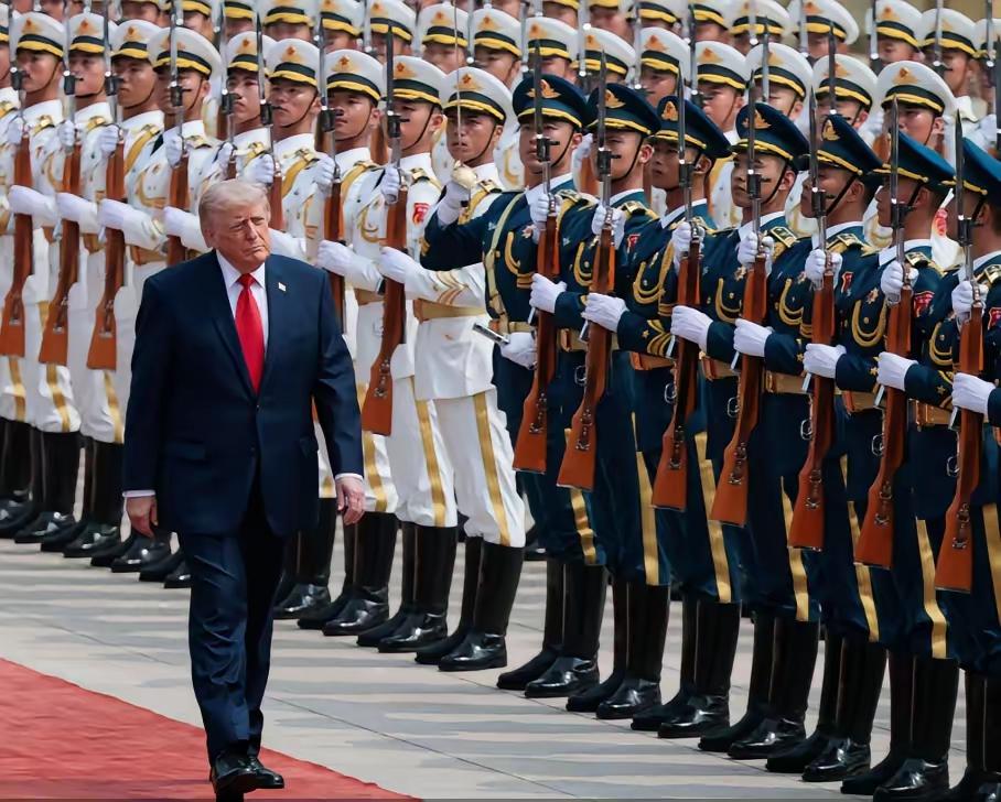 这场高规格迎宾礼，无疑令美国总统印象深刻。威武雄壮的三军仪仗队气势如虹，尽显大国