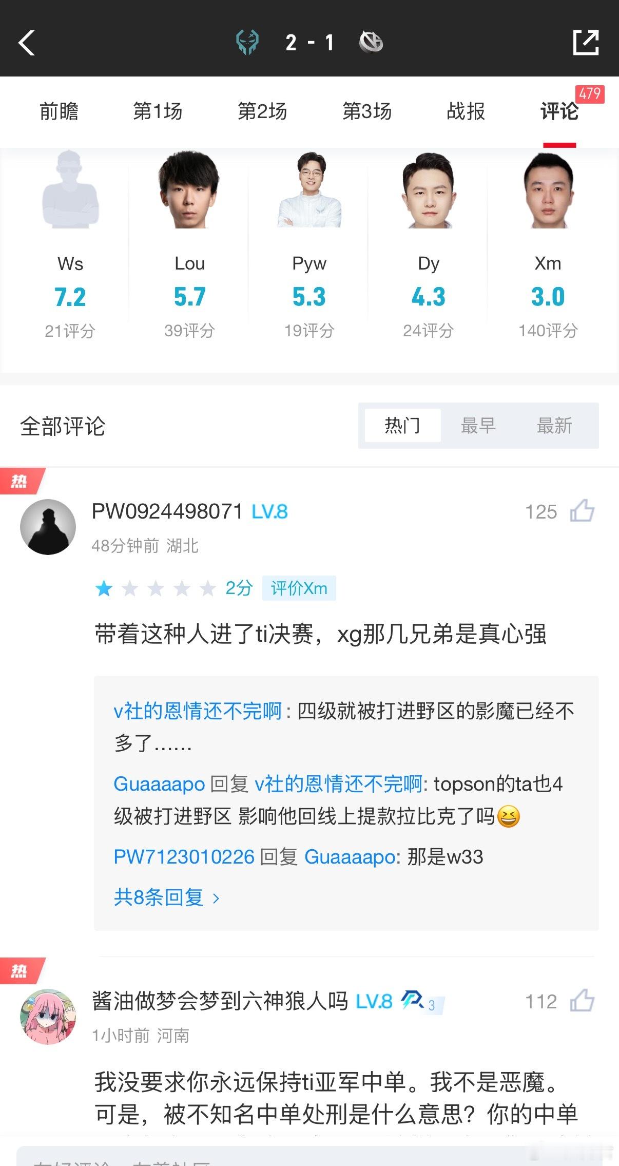 在VG输给Xctn后，表现不佳的毛哥最低分，WS最高分dota2​​​