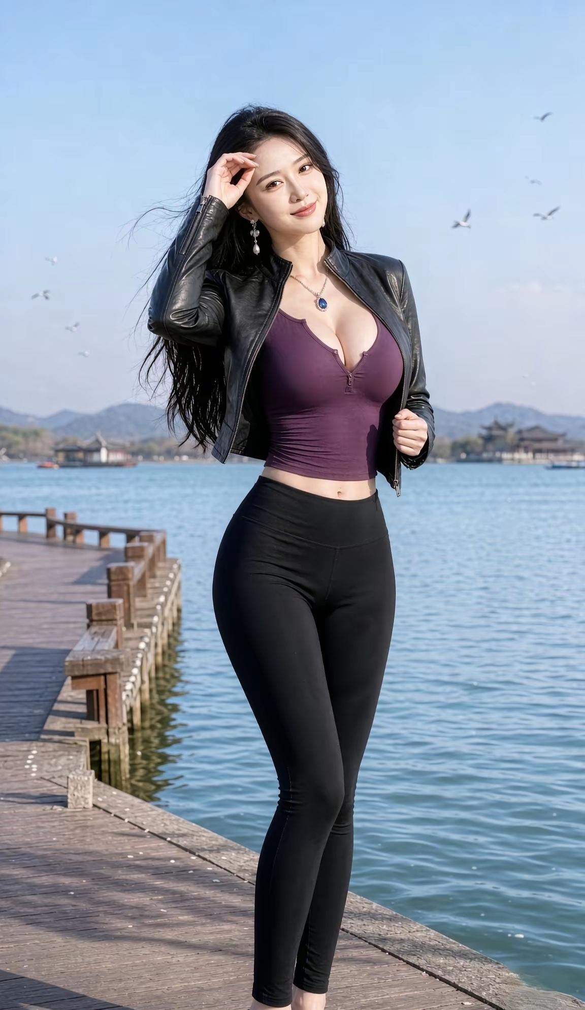 年轻东亚女性，黑色长波浪卷发，面带柔和微笑，身穿短款立领黑色皮质夹克，内搭暗紫色
