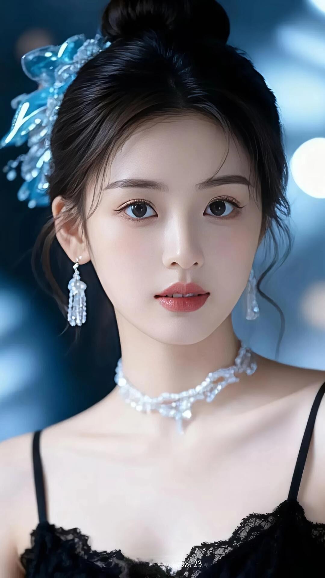 梦幻蓝发少女，优雅珍珠项链，黑纱裙装，唯美气质