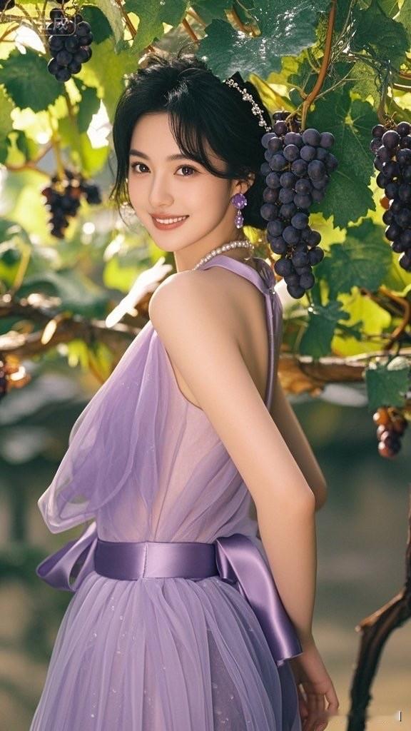 梦幻紫色长裙，葡萄藤下的优雅少女