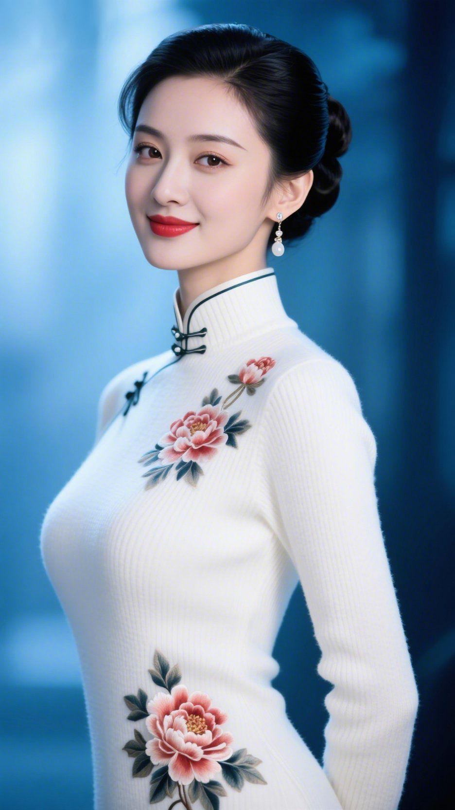 白旗绣丹韵如诗幽蓝背景如澄澈的湖水，将一袭白色针织旗袍衬得愈发清雅。面料柔