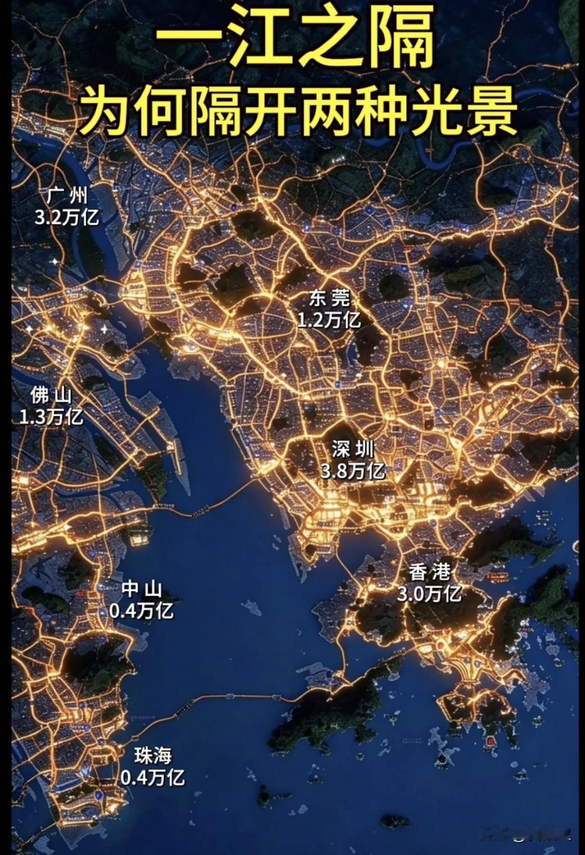 一江之隔，为何隔开两种光景？如果铺开大湾区夜间灯光图就能直观看见，珠江东岸灯火连