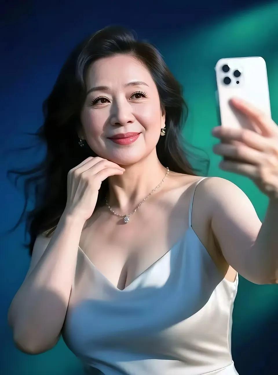 熟美佳人米缎吊带链光摇，乌发飞扬影似娇。眉眼含情春梦绕，玫瑰绽处韵迢迢。