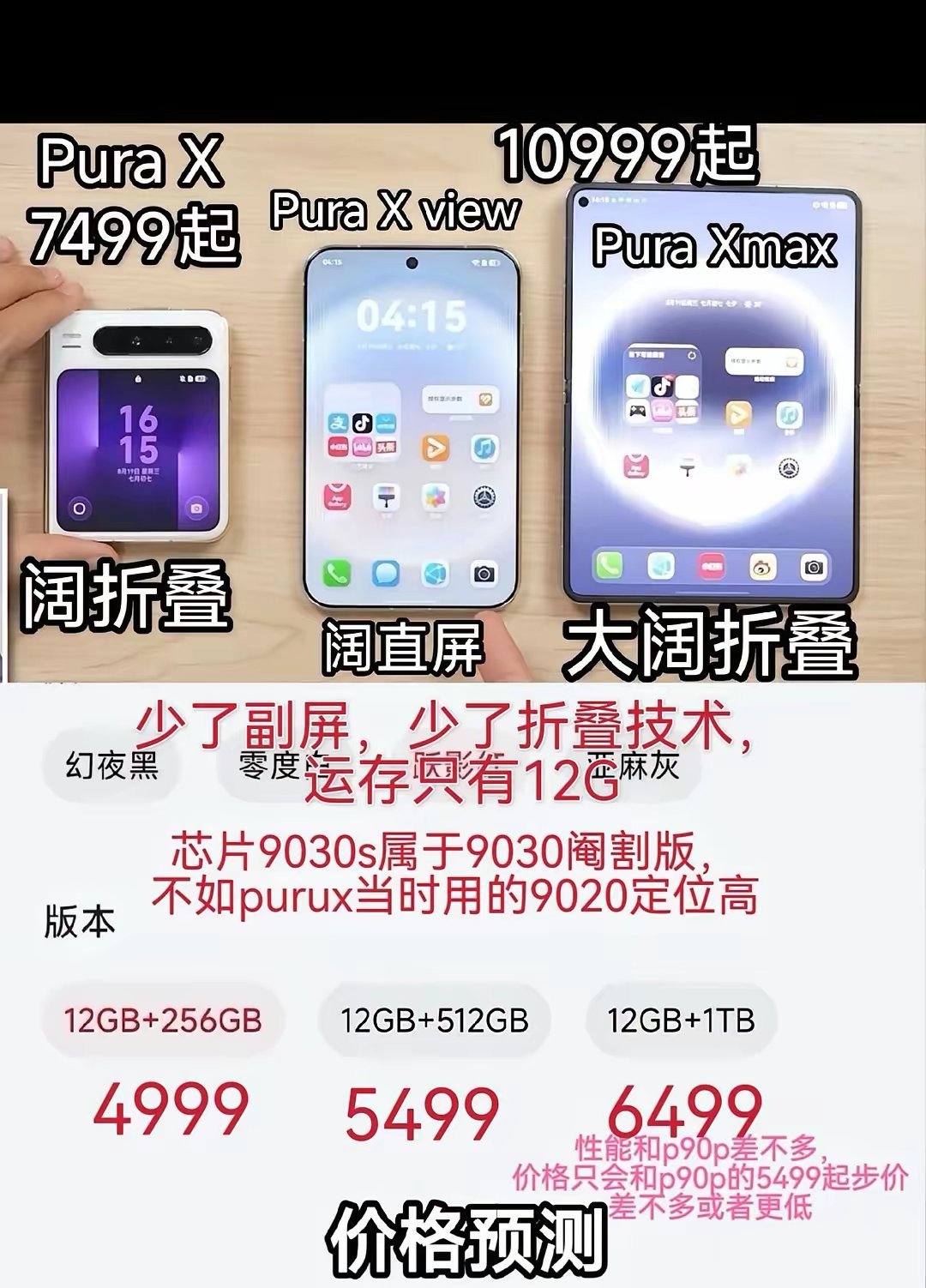 PuraXview价格预测！阉割版处理器9030s，少了折叠屏幕，少了副屏幕，就是直屏变宽了，而且这