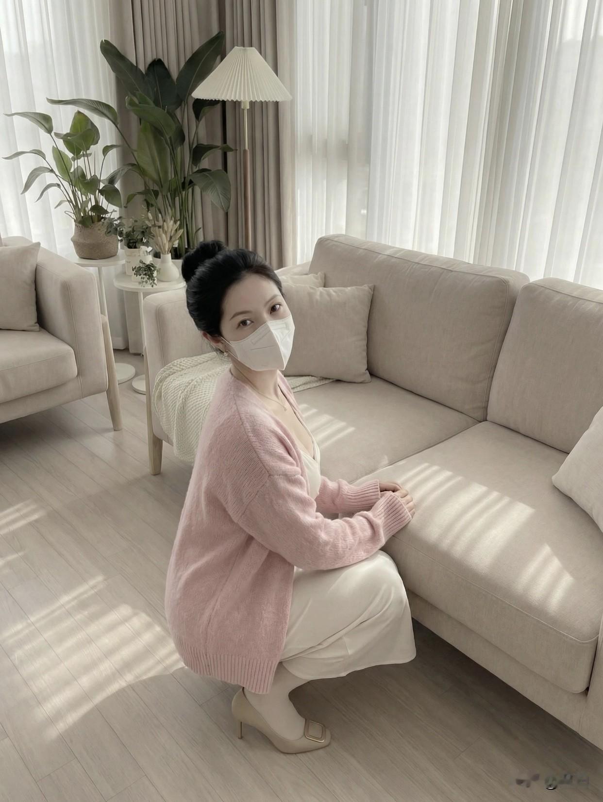 怎么穿出成熟、气质感温柔粉毛衣，白色长裙，居家氛围，阳光洒进来的感觉。