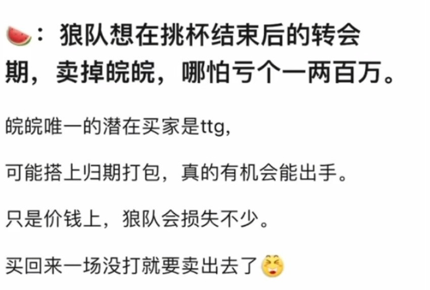 kplK吧：狼队想在挑杯结束后的转会期，卖掉皖皖，哪怕亏个一两百万