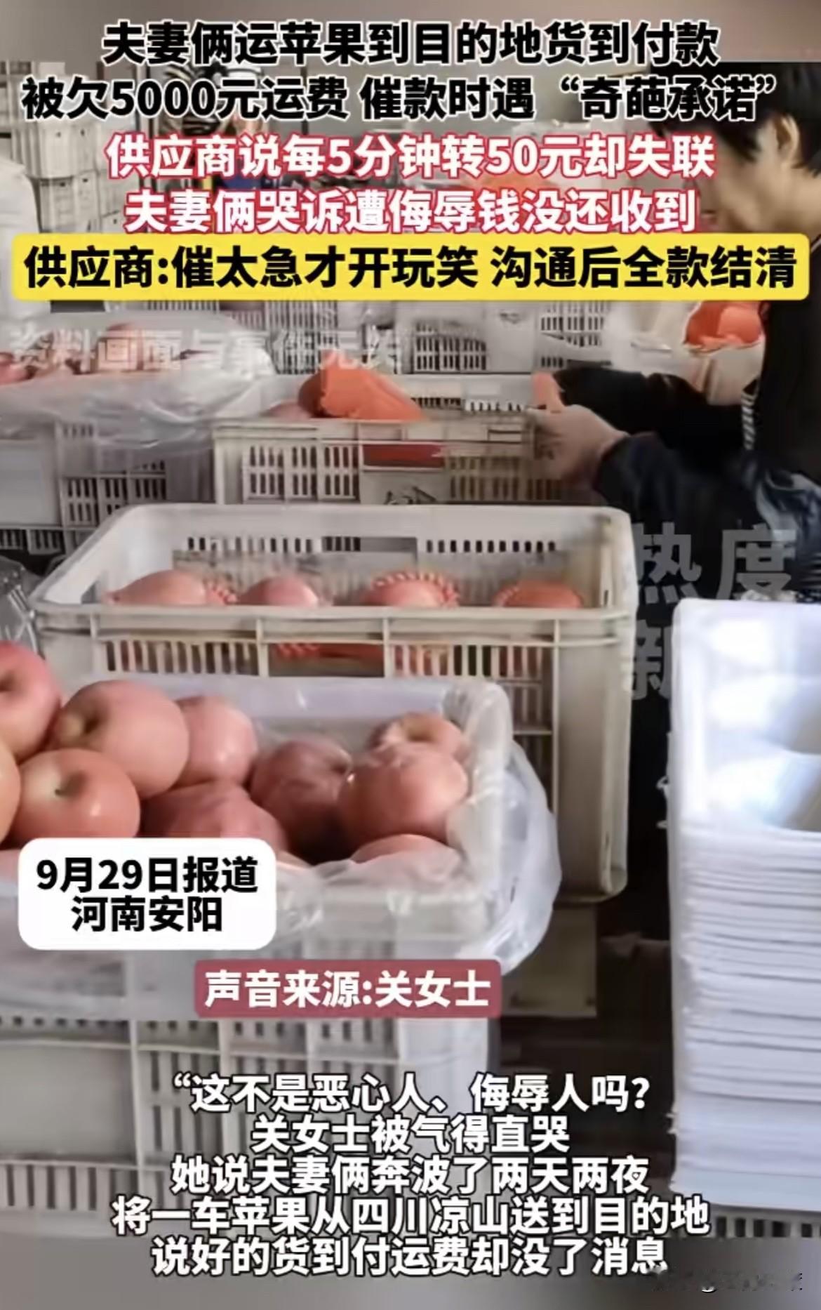 坏了良心了！河南一夫妻给饮料厂拉苹果，说好是货到付款，可将苹果送到目的地后，供应